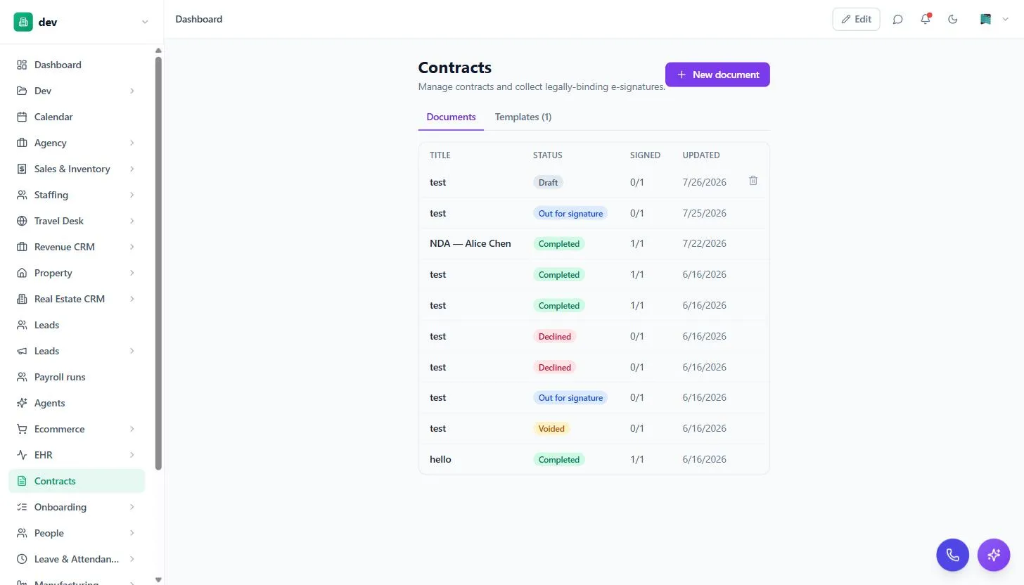The BackOffice Contracts screen listing documents with status and signed count
