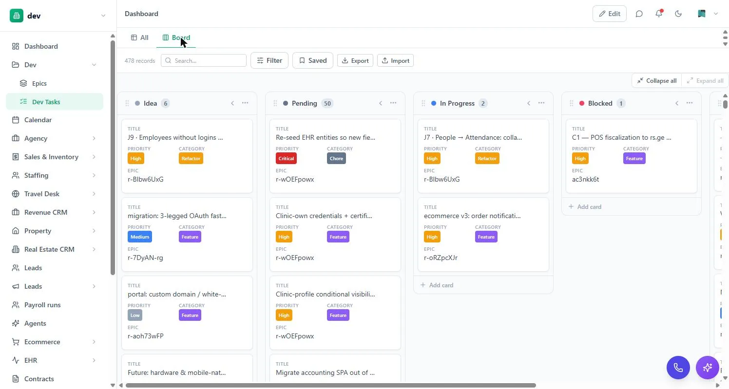 A board view in BackOffice with records grouped into Idea, Pending, In Progress and Blocked columns