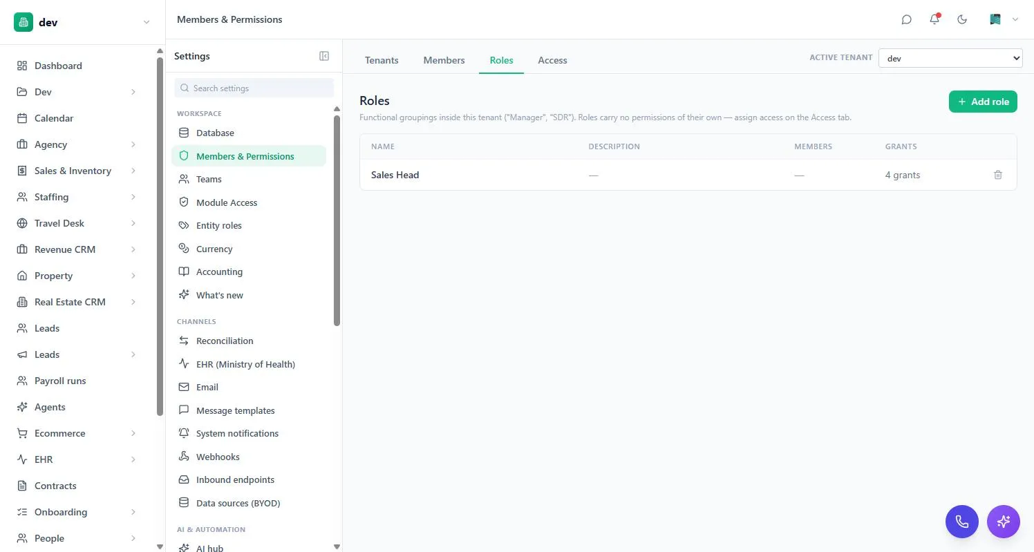 The Roles tab in BackOffice showing a role with its member and grant counts