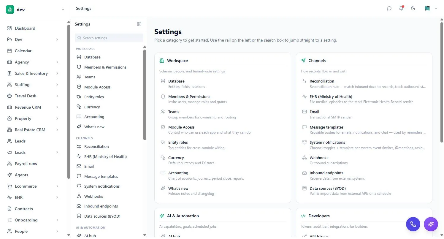 The BackOffice Settings hub, showing the Workspace, Channels, AI & Automation and Developers categories