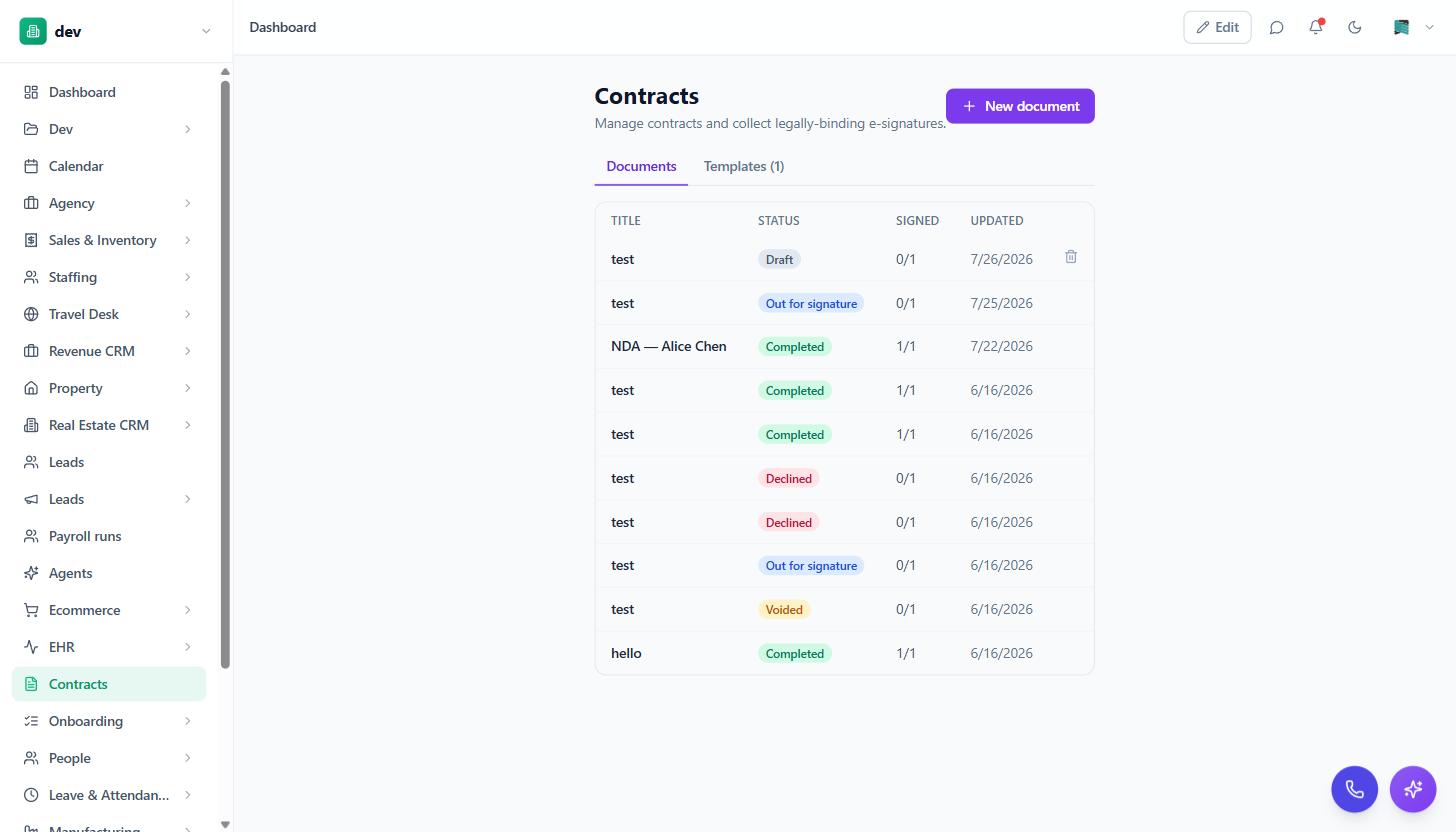 The BackOffice Contracts screen listing documents with status and signed count