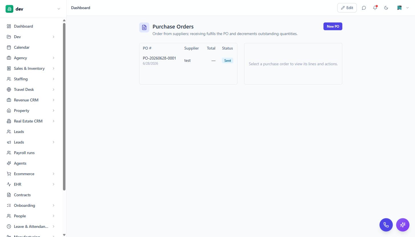 The BackOffice Purchase Orders screen listing purchase orders with supplier, total and status