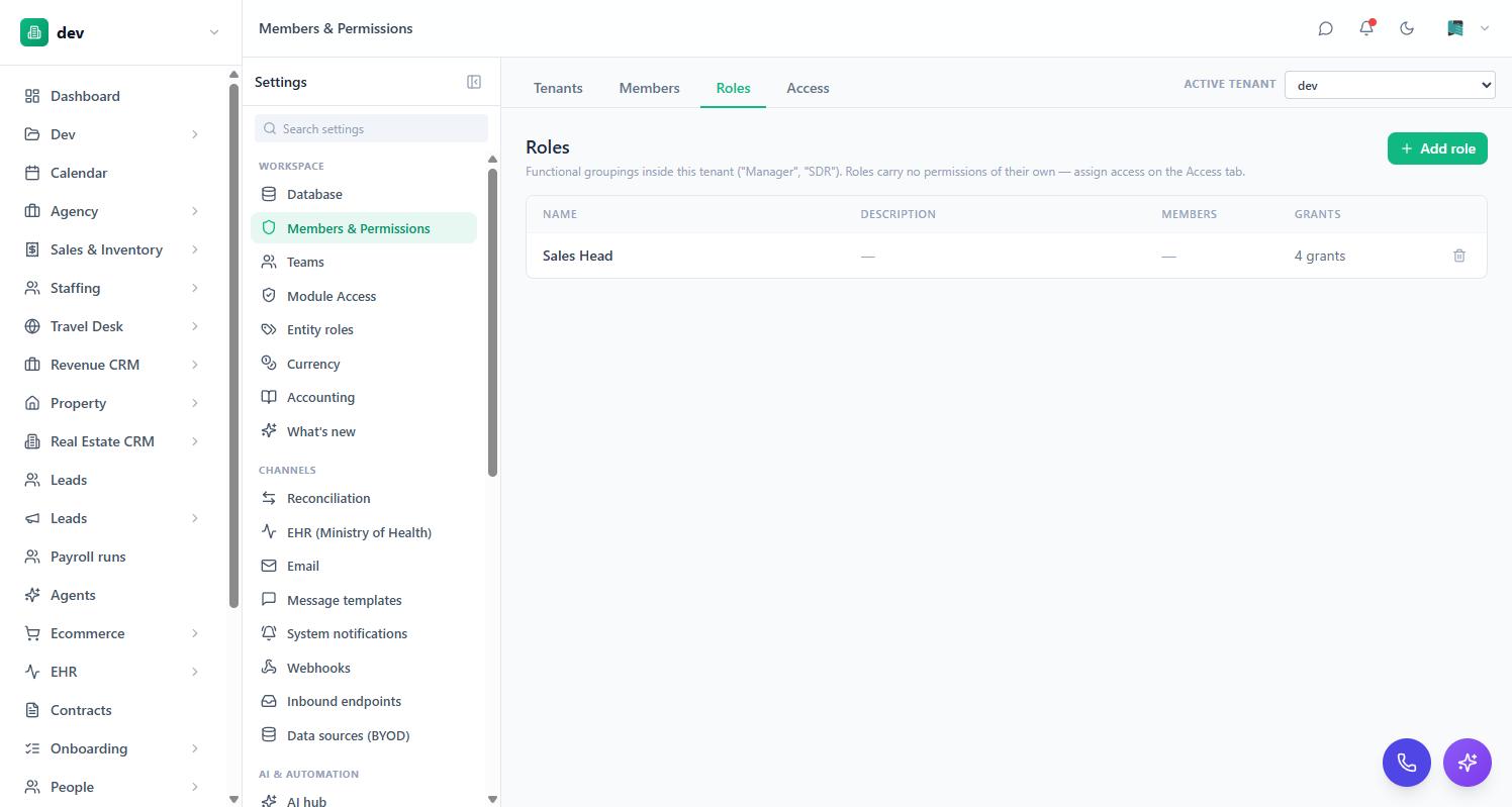The Roles tab in BackOffice showing a role with its member and grant counts