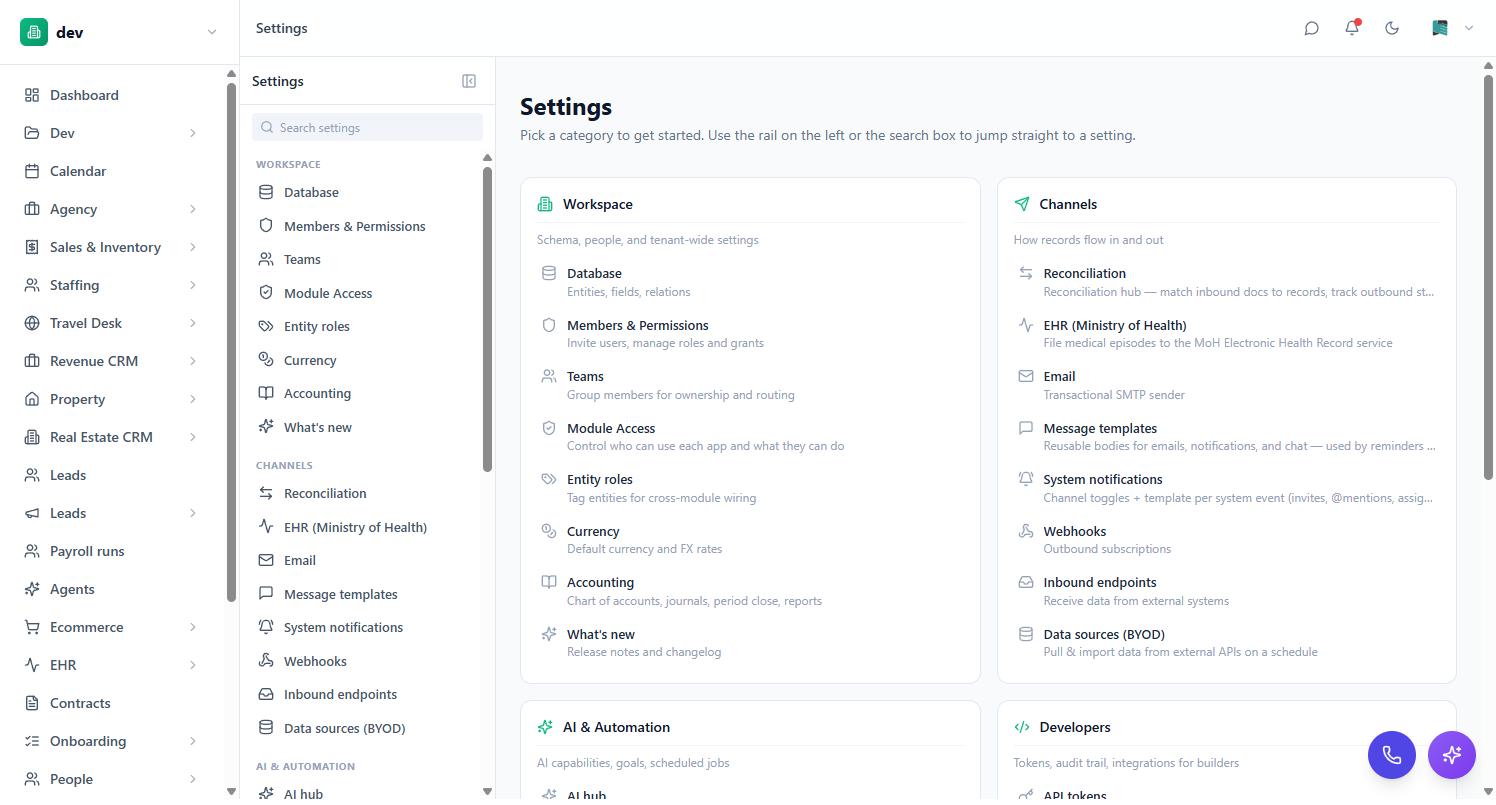 The BackOffice Settings hub, showing the Workspace, Channels, AI & Automation and Developers categories